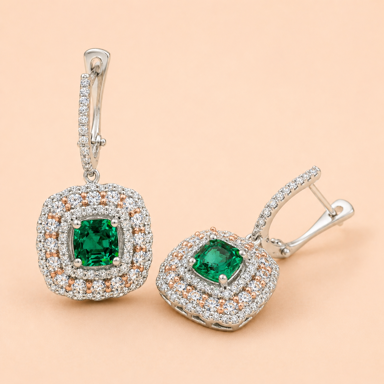 Two Tone Colombian Emerald Drop Earrings Emerald