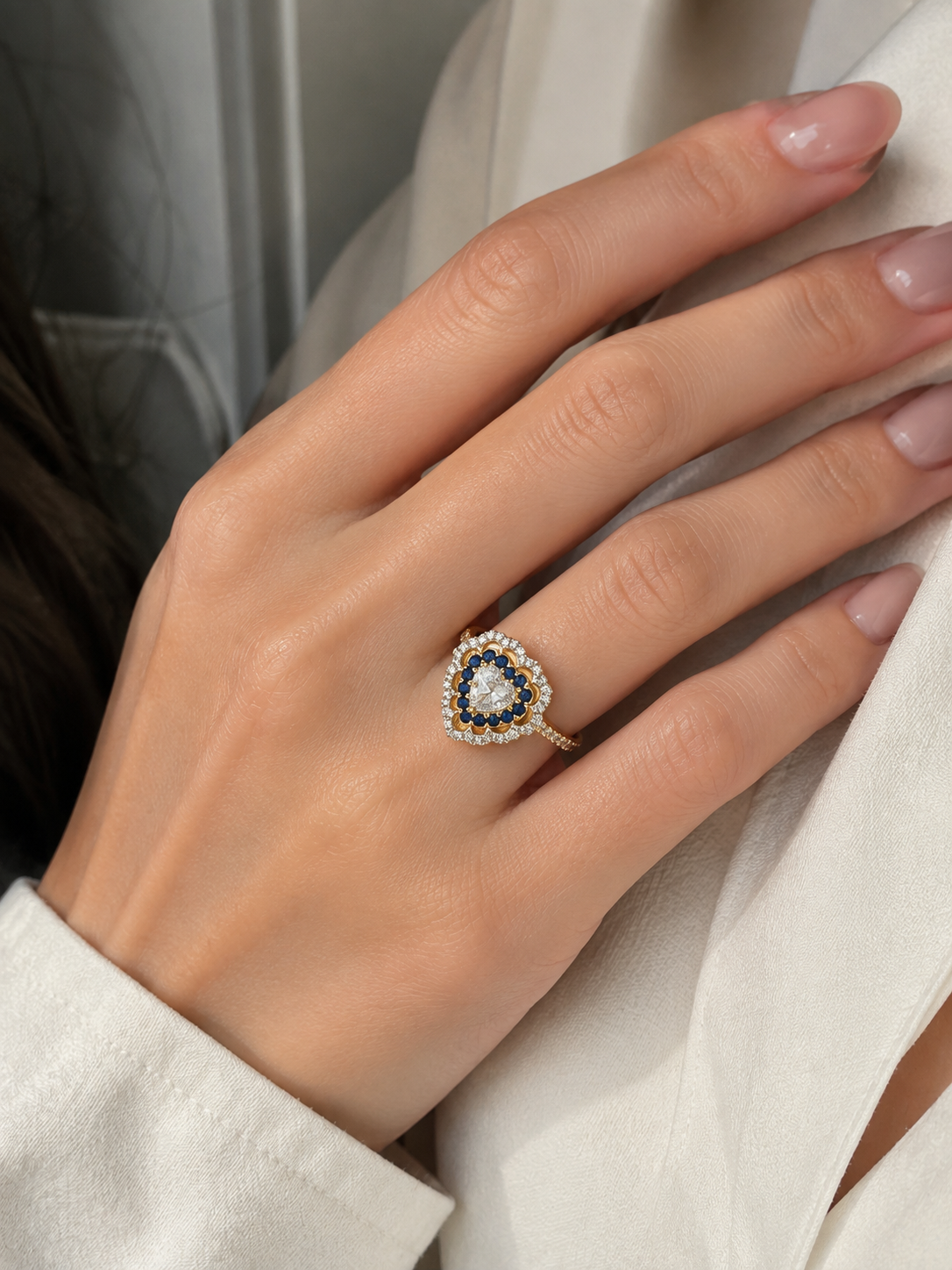 Sea Blue Sapphire & Diamond Heart Ring