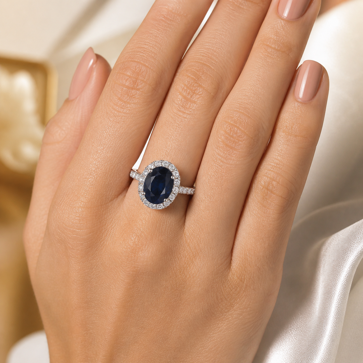 Round Blue Sapphire and White Diamond Ring Blue Sapphire