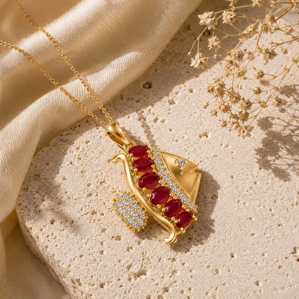 Ruby & Diamond Idol Fish Pendant Necklace