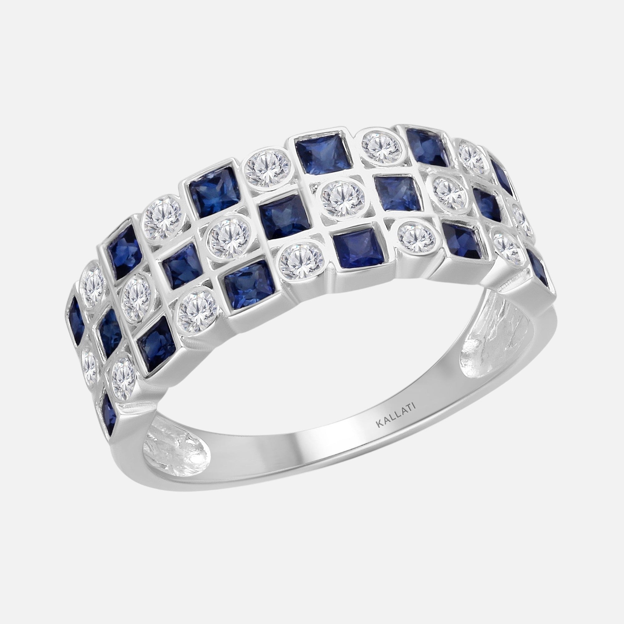 Princess and Round White Diamond and Blue Sapphire Band Blue Sapphire