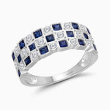 Princess and Round White Diamond and Blue Sapphire Band