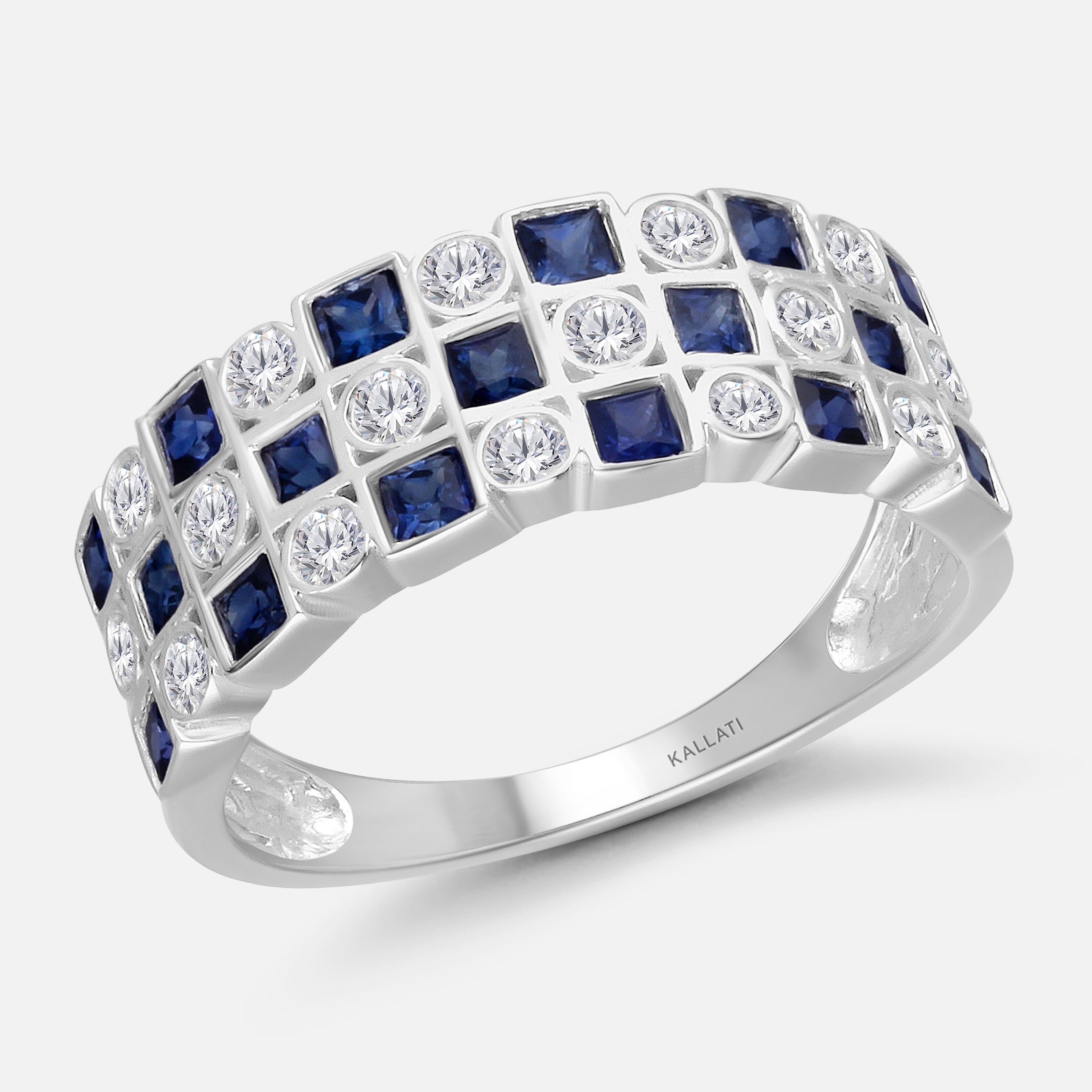 Princess and Round White Diamond and Blue Sapphire Band Blue Sapphire