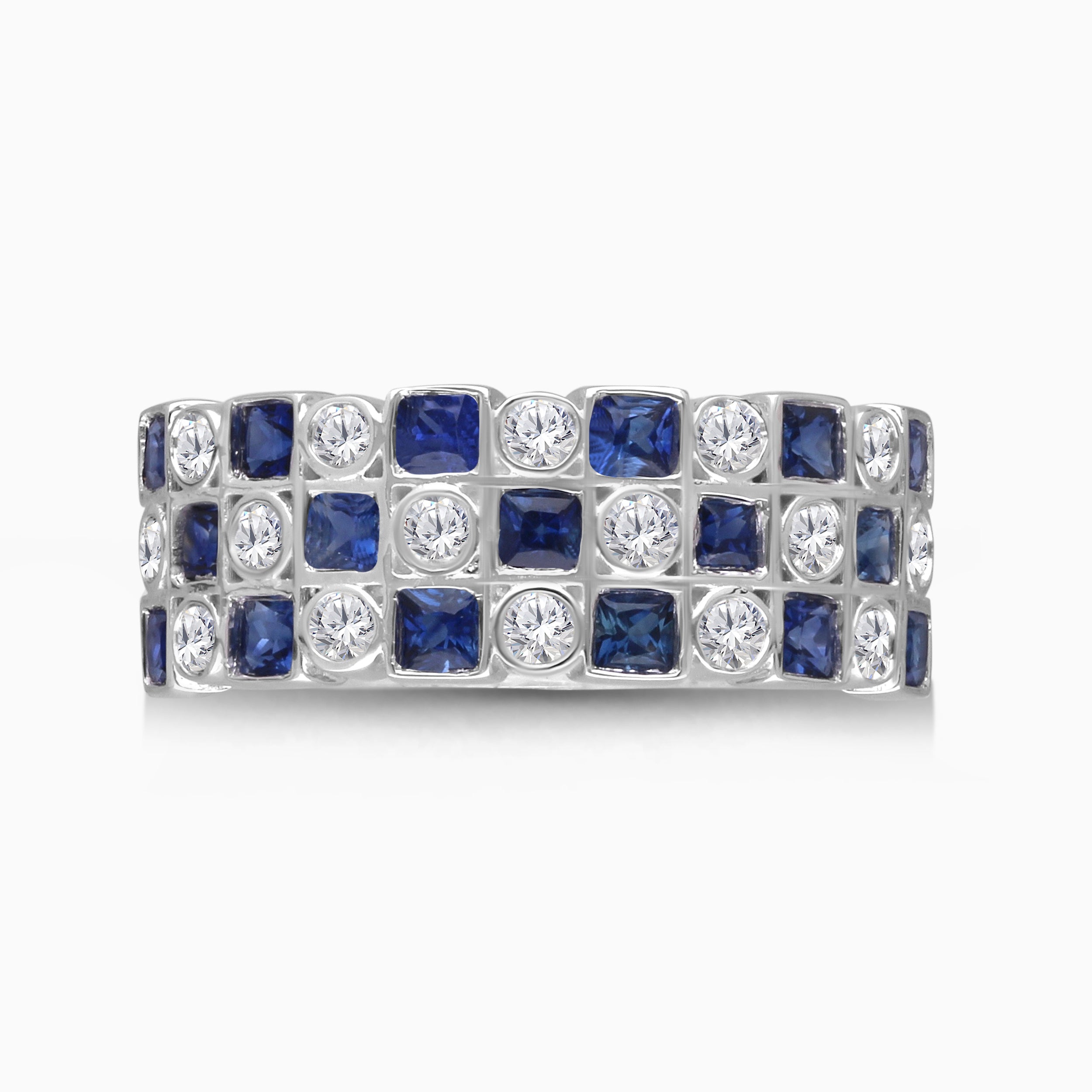 Princess and Round White Diamond and Blue Sapphire Band