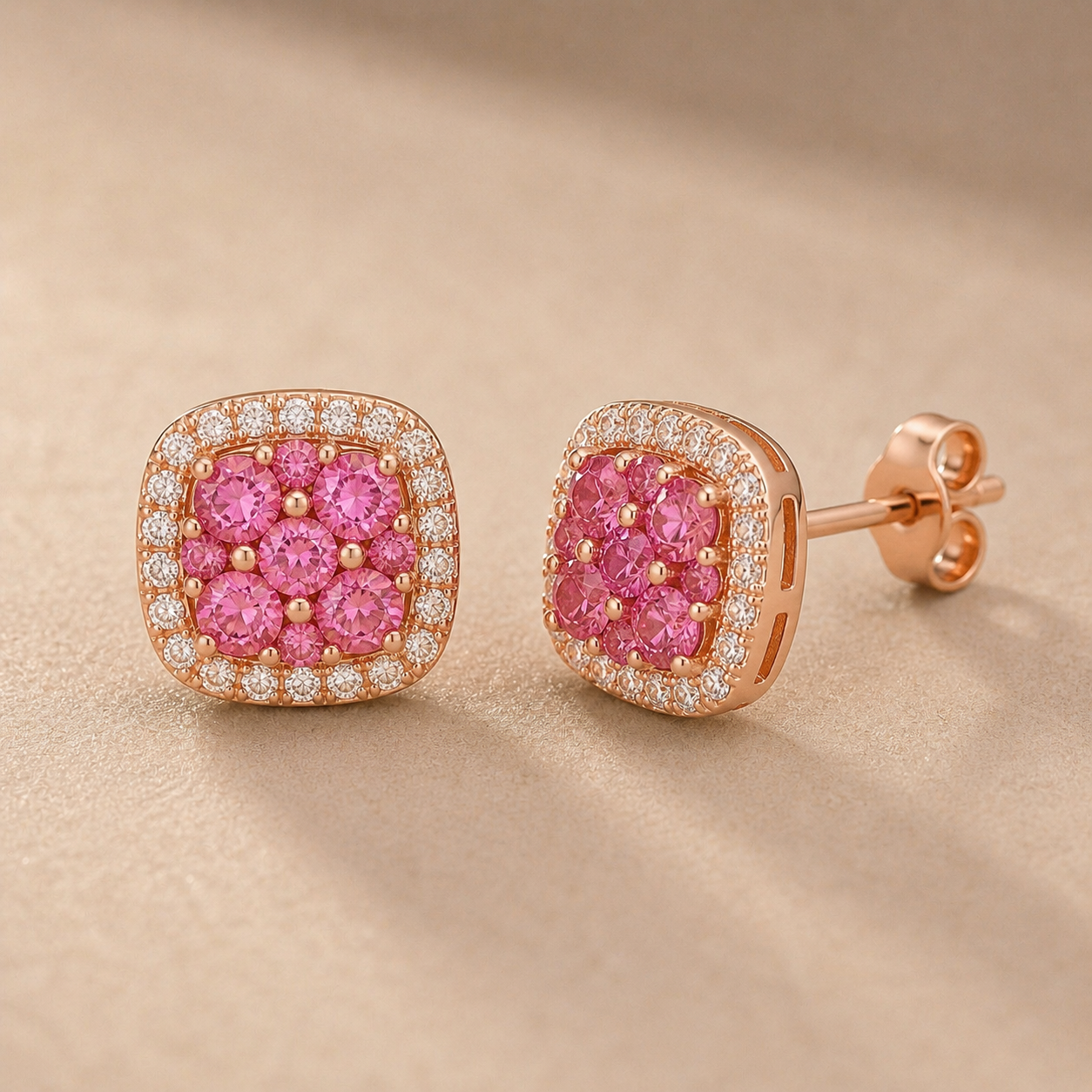 Pink Sapphire Mosaic Stud Earrings Pink Sapphire