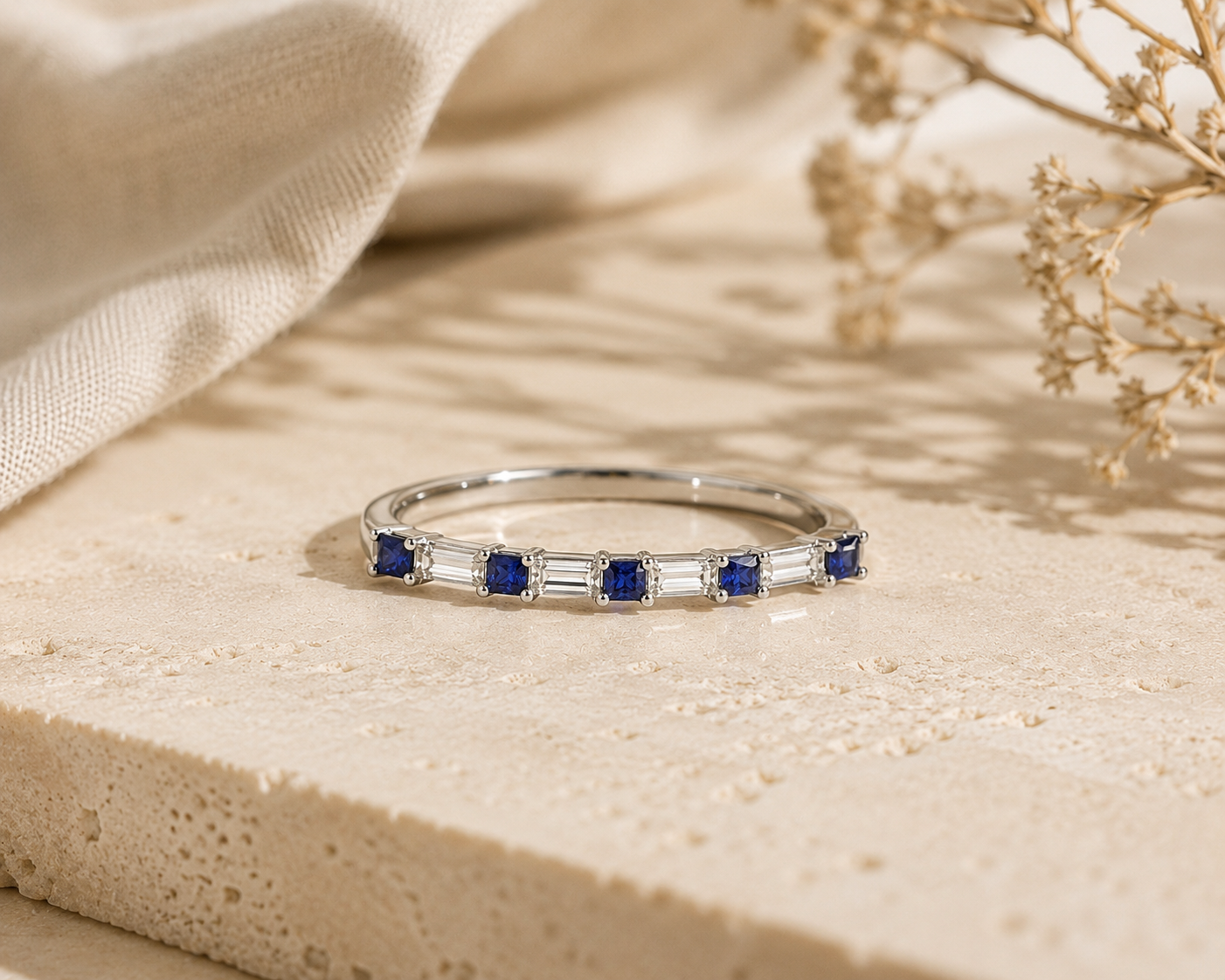 Baguette Diamond and Blue Sapphire Band Blue Sapphire