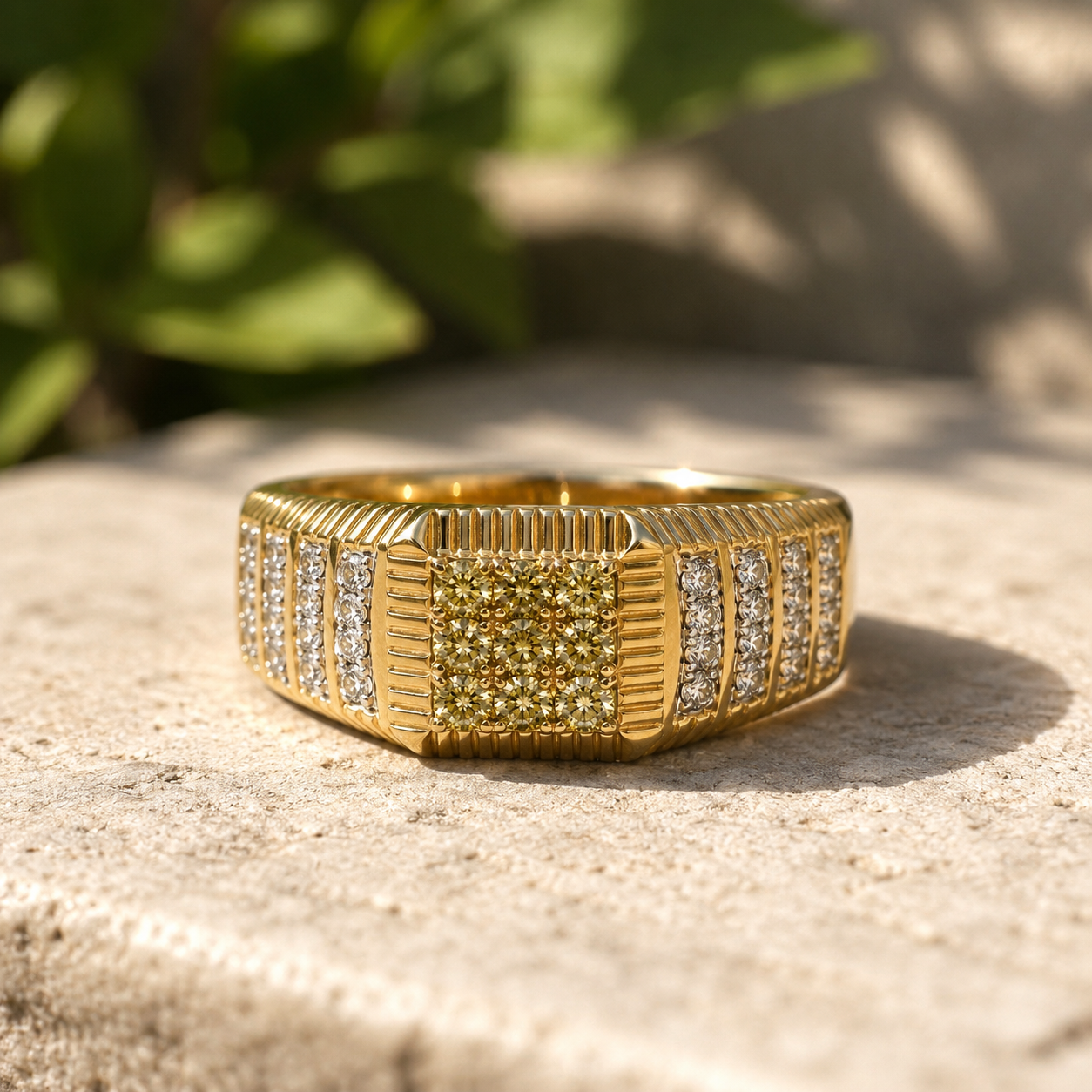 Yellow & White Diamond Cluster Mens Ring