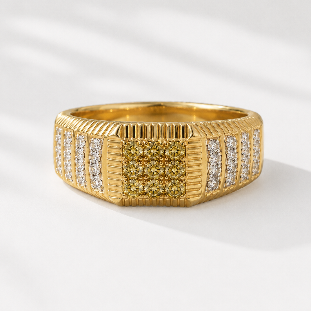 Yellow & White Diamond Cluster Mens Ring MENS