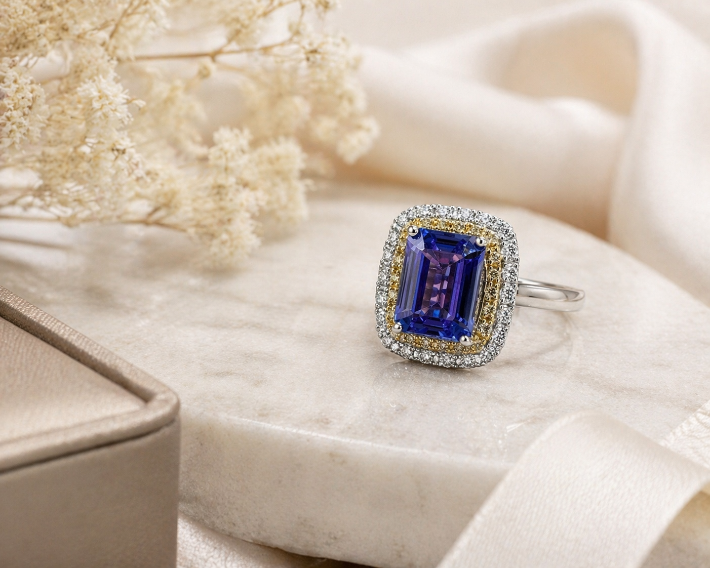 Yellow Diamond & Tanzanite Duo Halo Ring Tanzanite