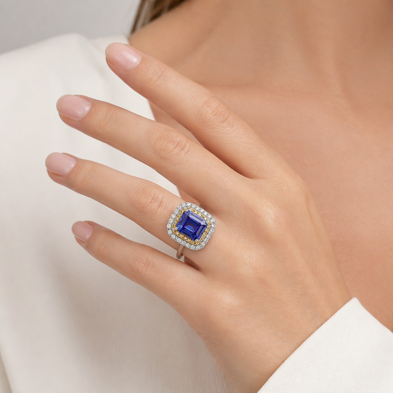 Yellow Diamond & Tanzanite Duo Halo Ring Tanzanite
