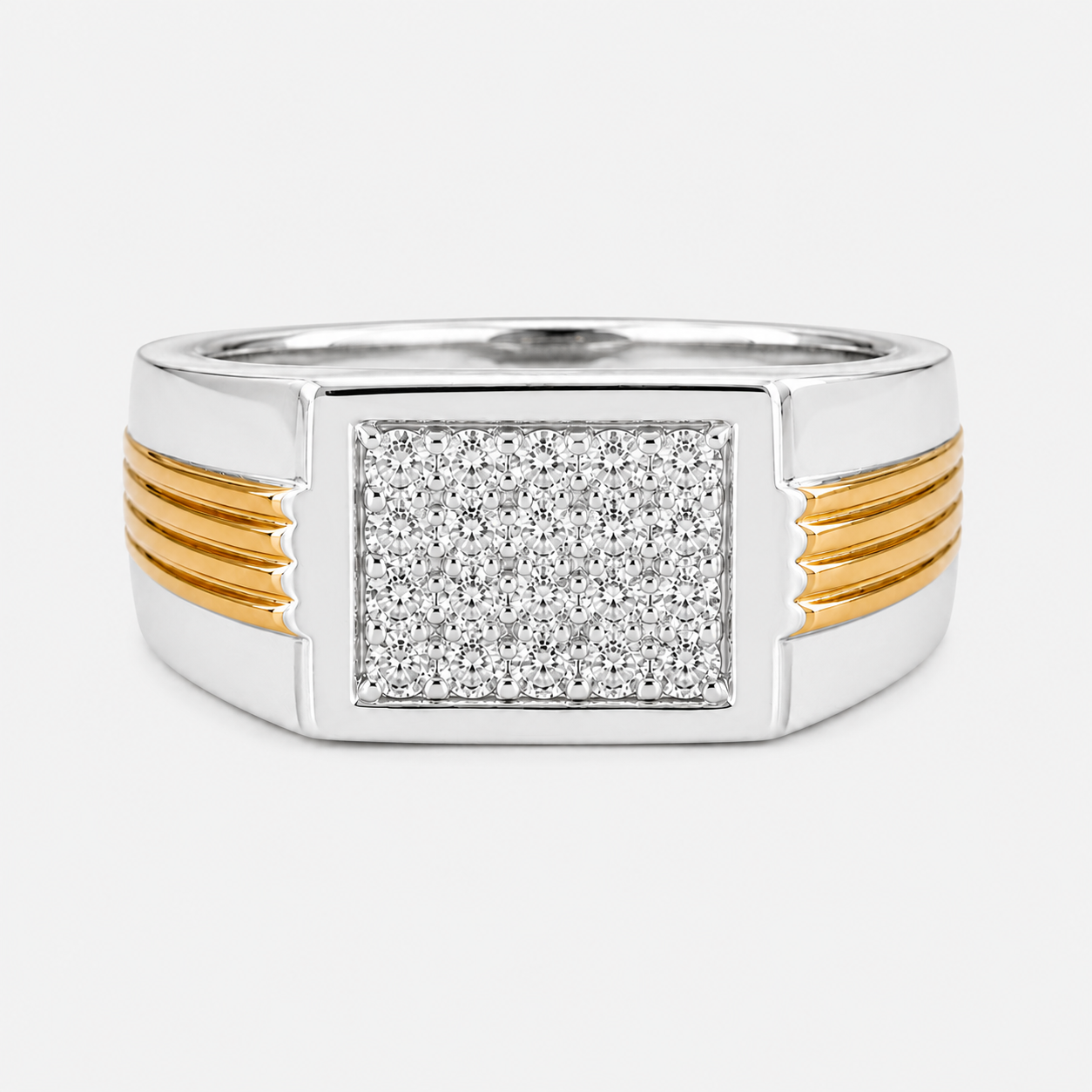 Two Tone Diamond Ribbed Men's Signet Ring White Diamond