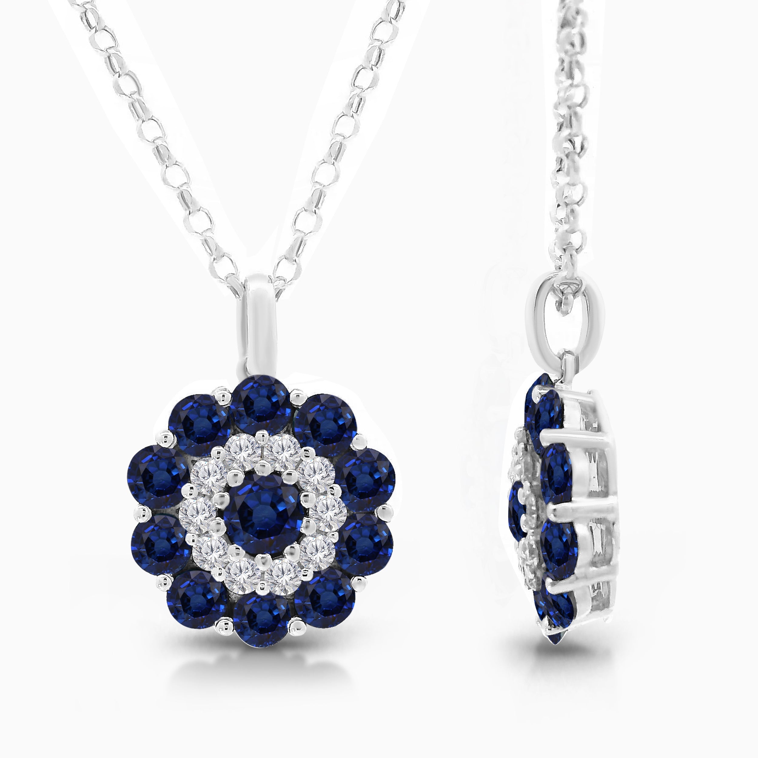 Blue Sapphire and White Diamond Large Flower Pendant