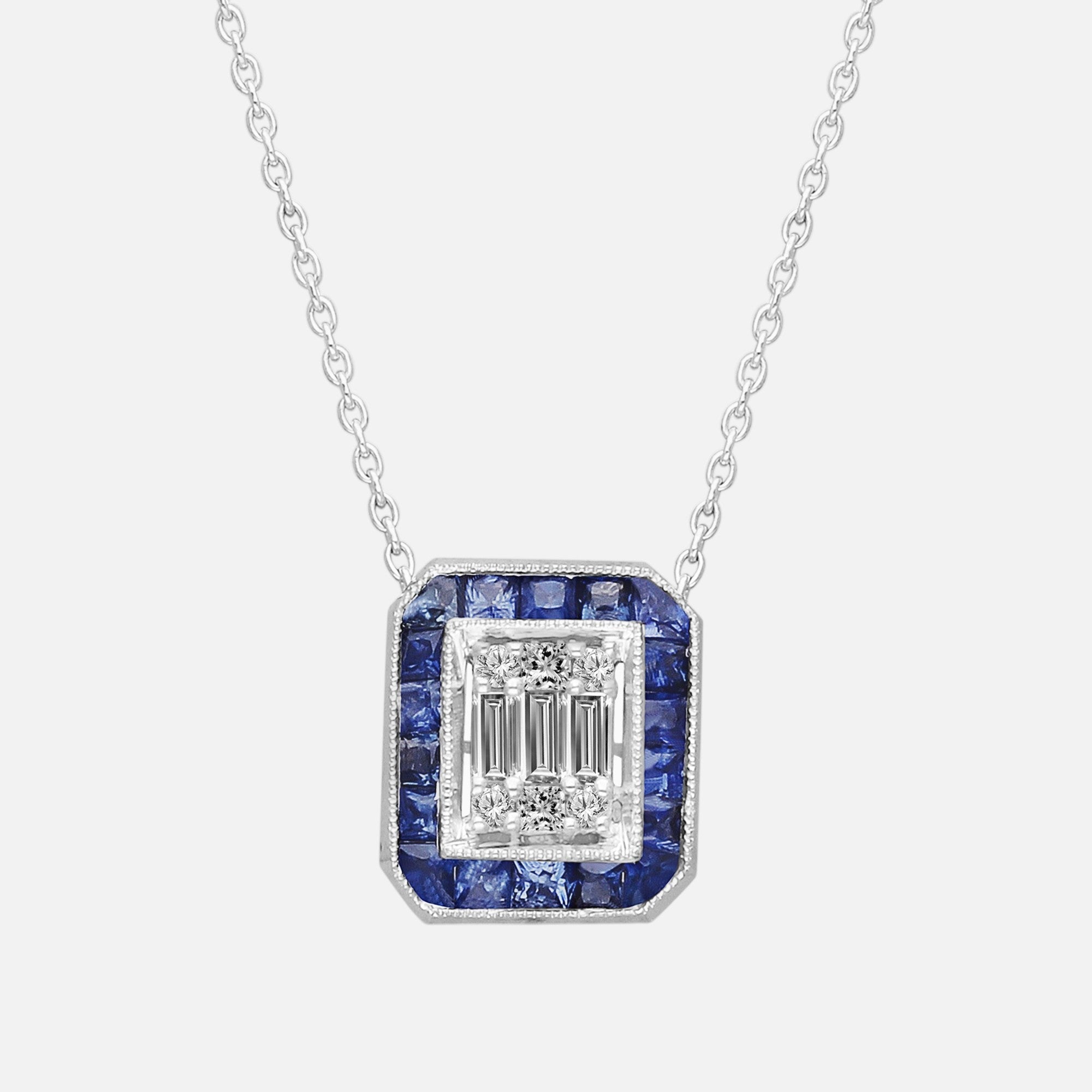 Sapphire Halo Diamond Necklace Blue Sapphire