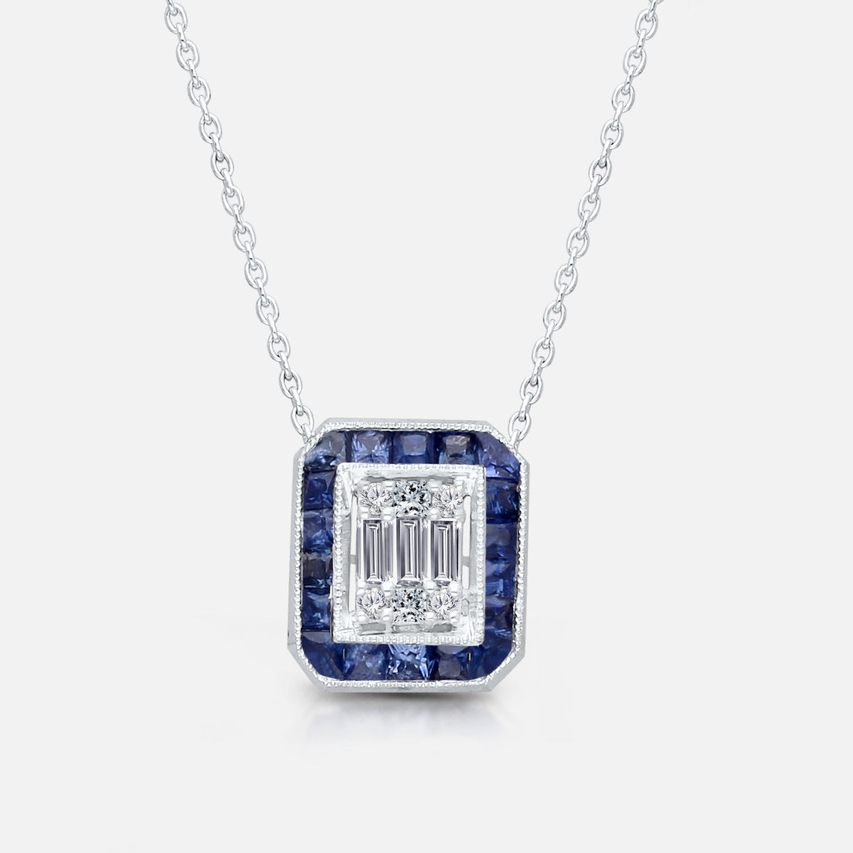 Sapphire Halo Diamond Necklace Blue Sapphire