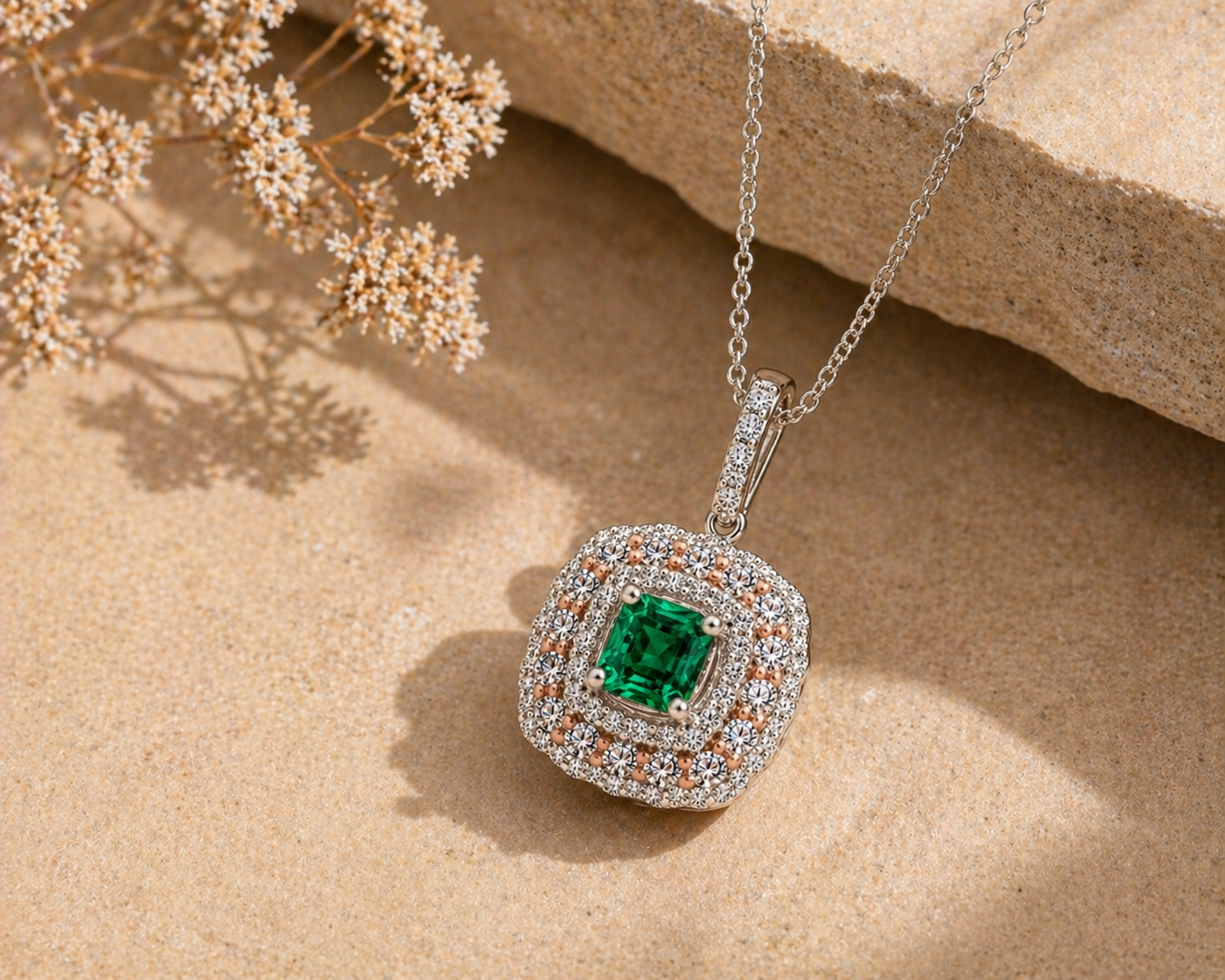 Rose & White Gold Colombian Emerald Diamond Pendant Emerald