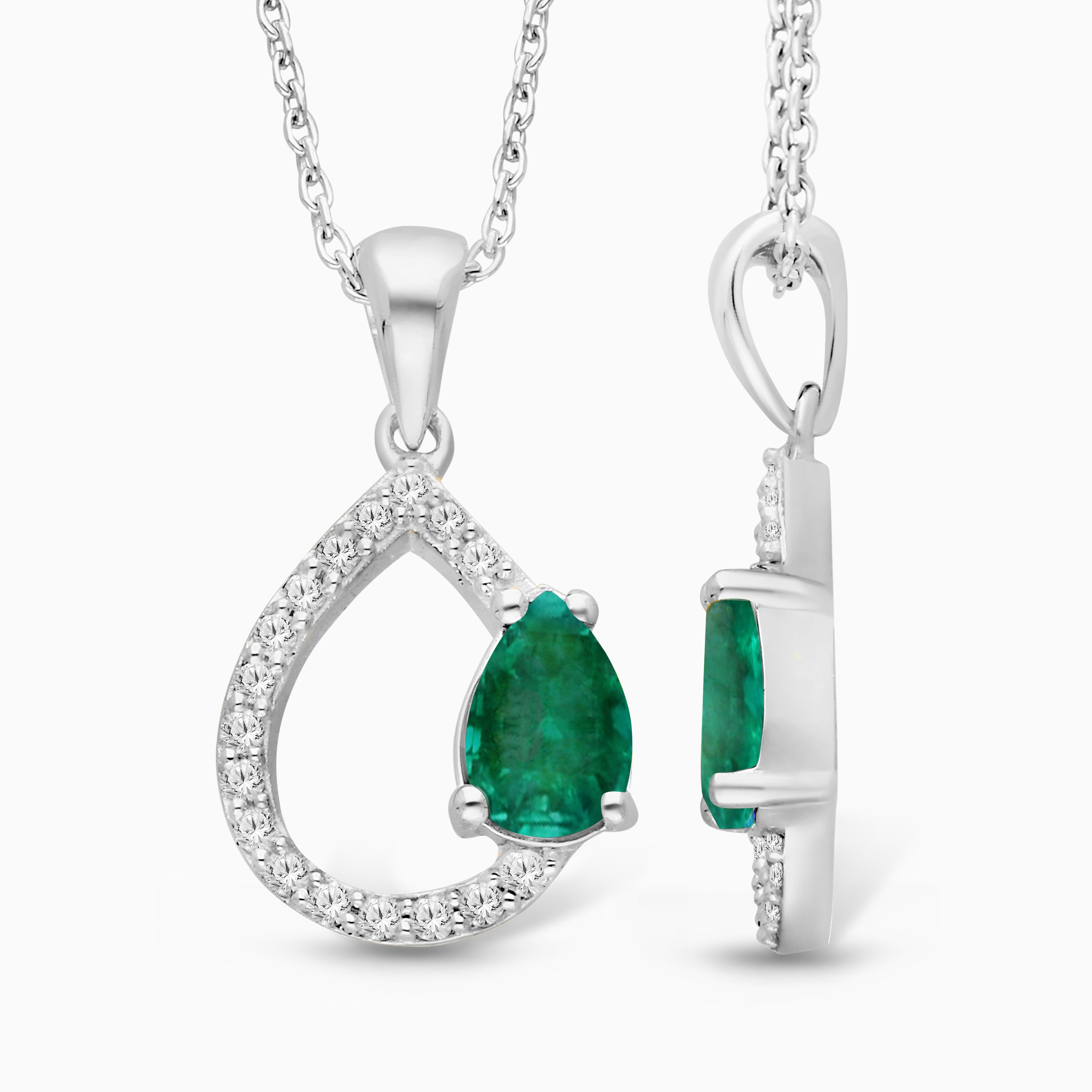 White Gold Asymmetric Pear Emerald & Diamond Pendant