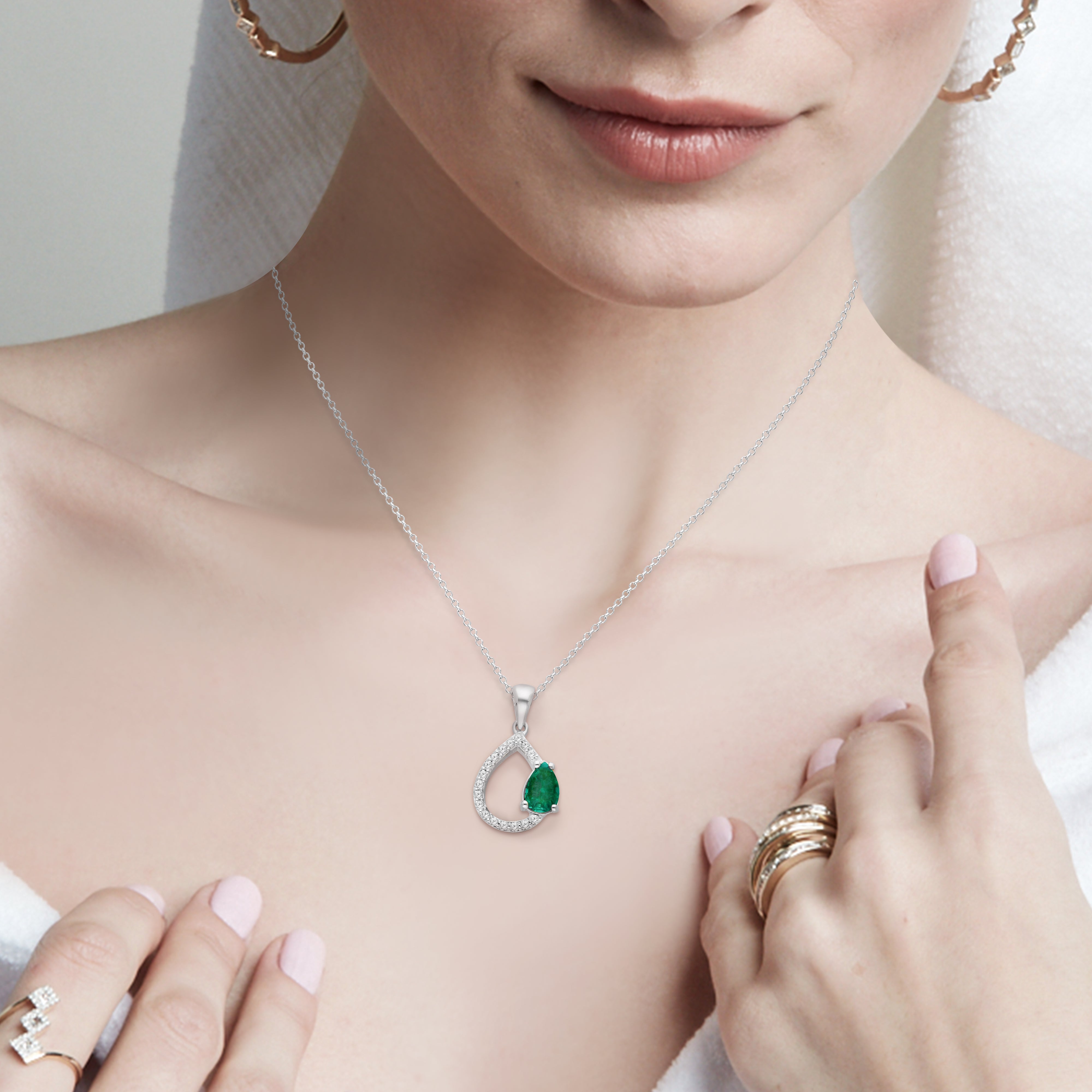 White Gold Asymmetric Pear Emerald & Diamond Pendant