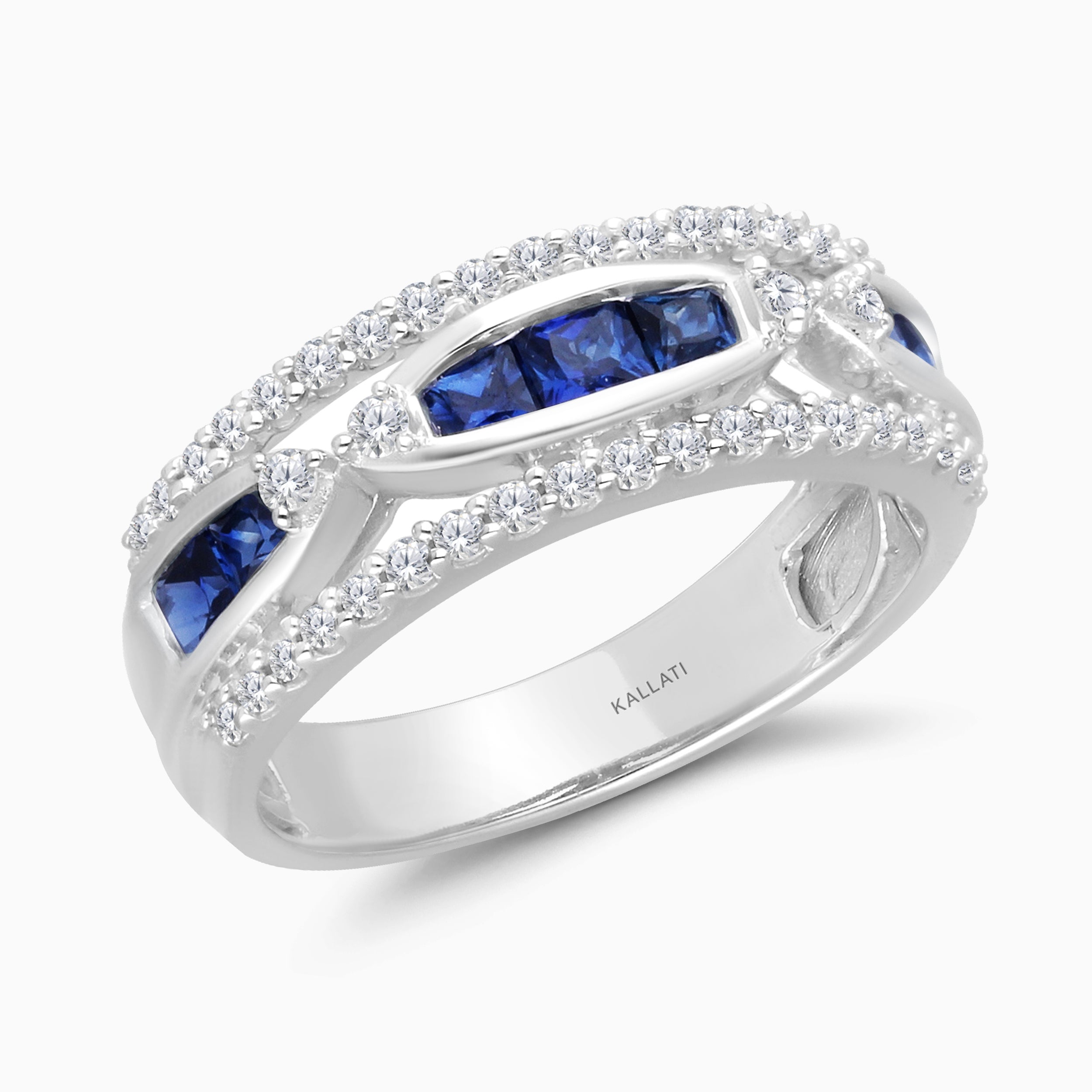 Princess Blue Sapphire Dual Row Diamond Band
