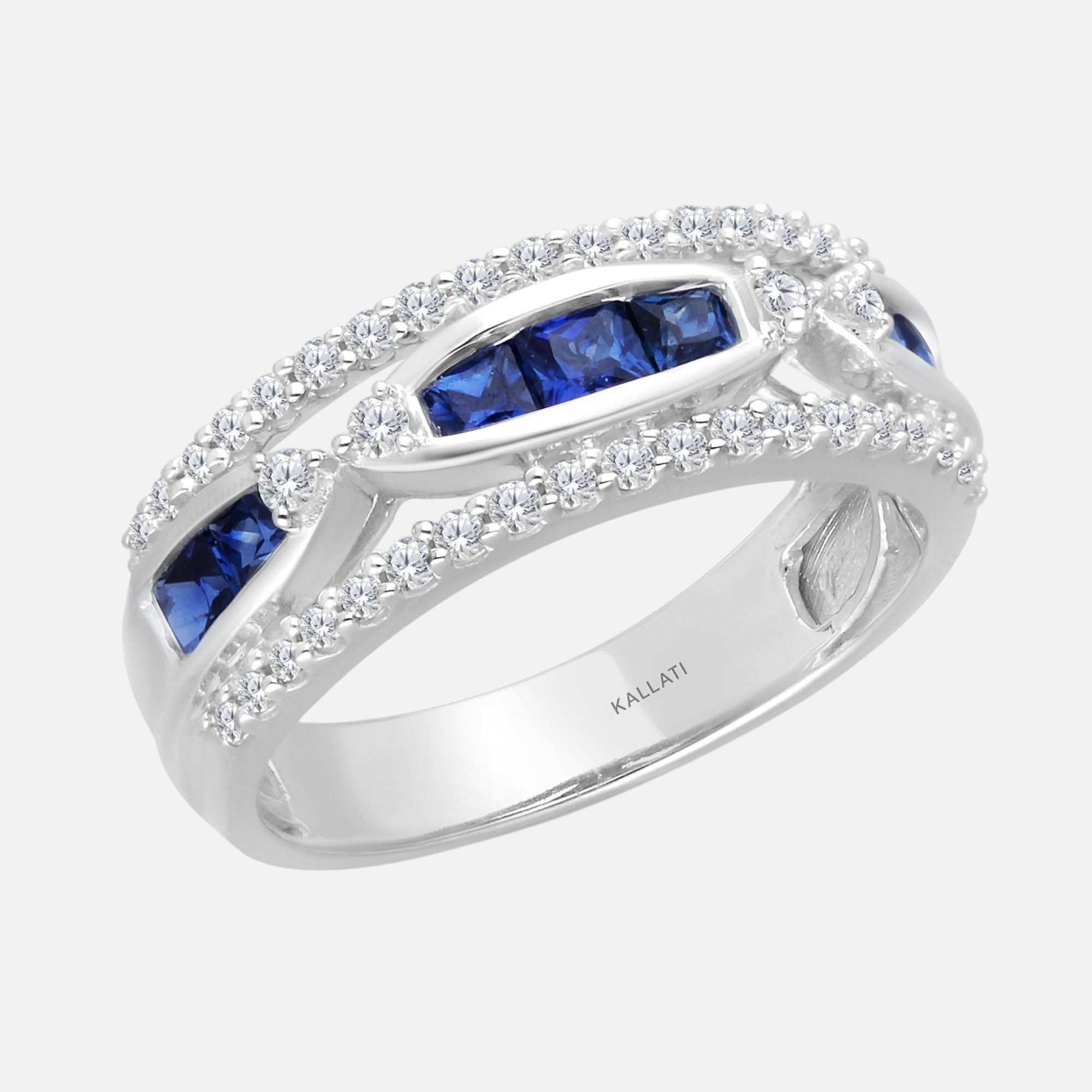 Princess Blue Sapphire Dual Row Diamond Band Blue Sapphire