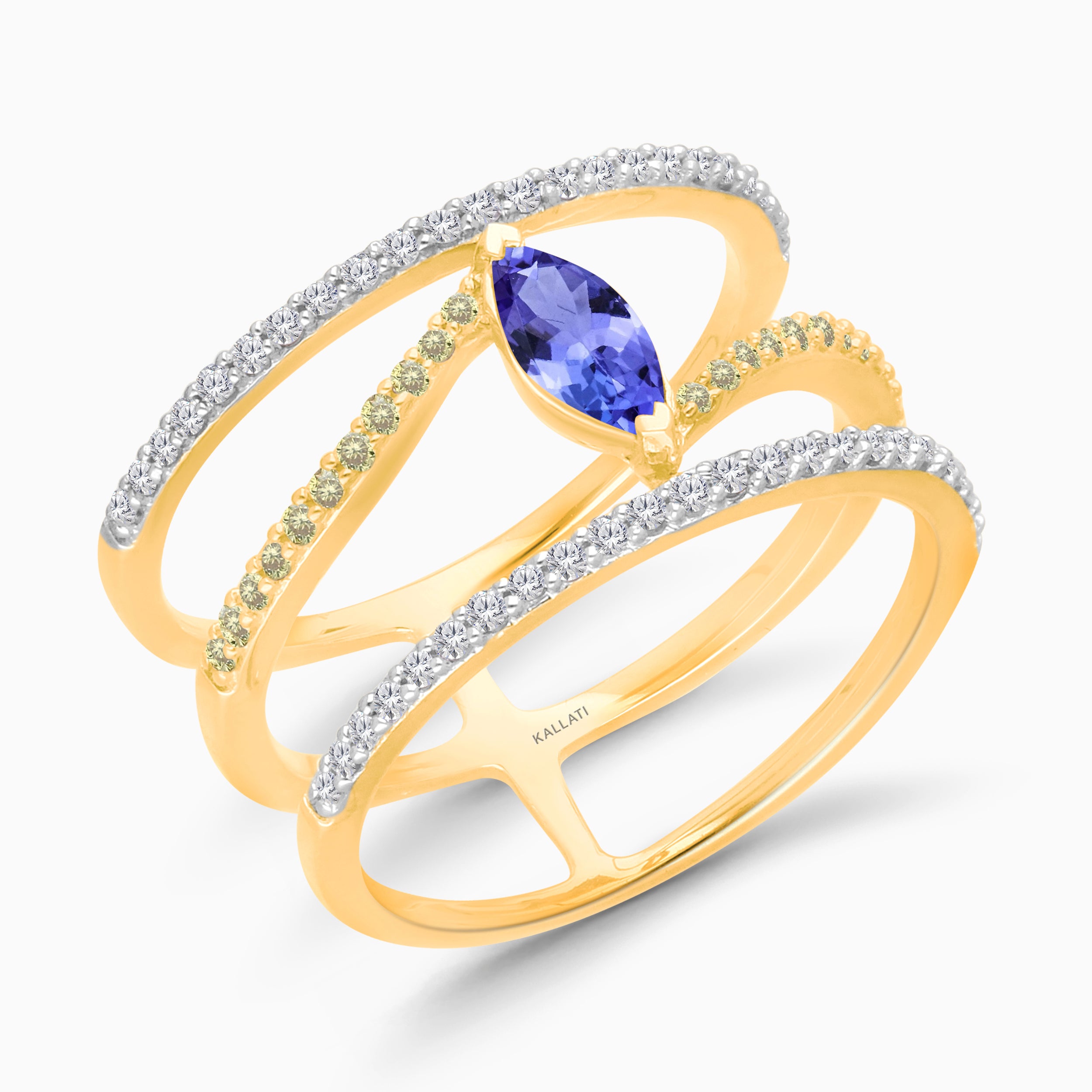 Dual Row Yellow & White Diamond Open Ring