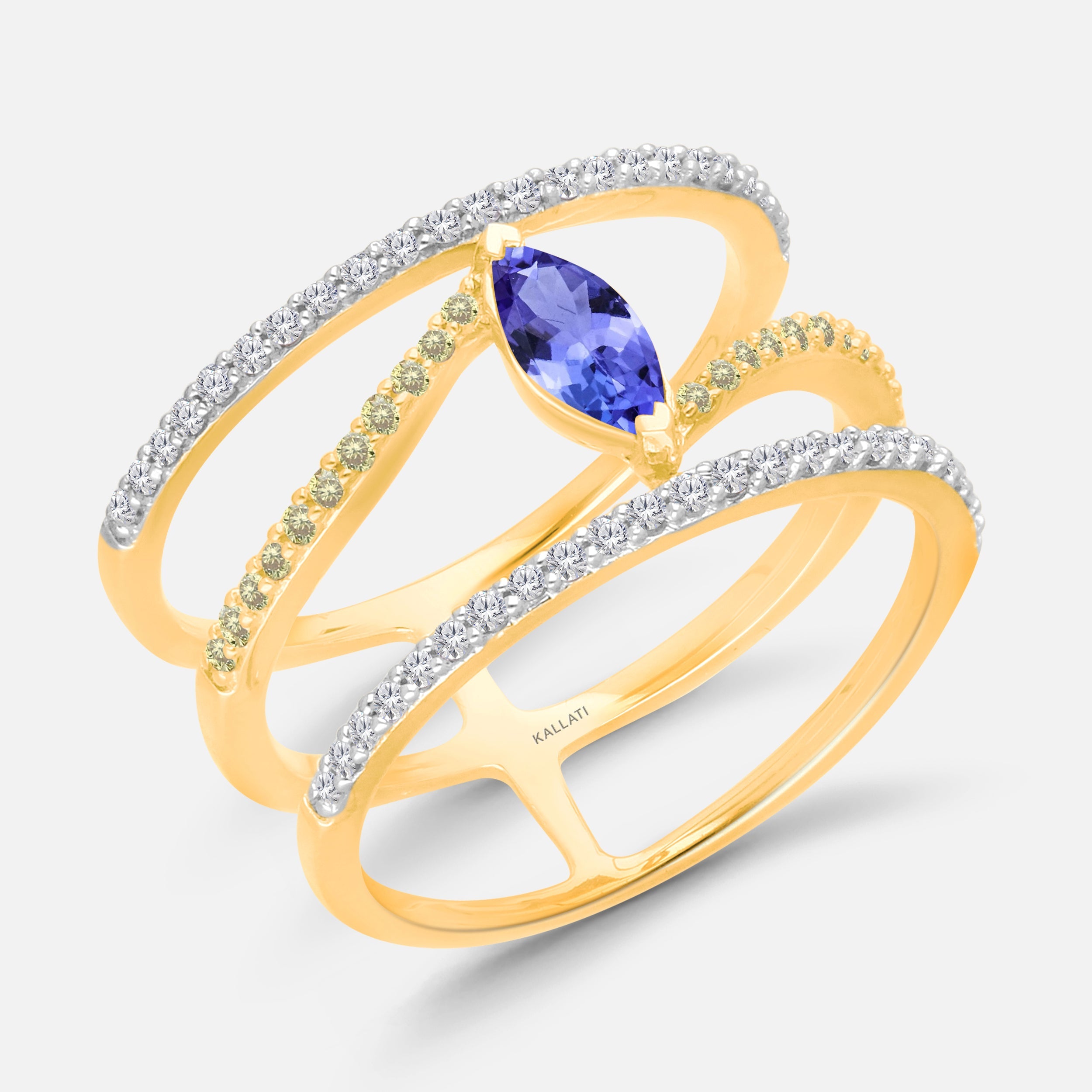 Dual Row Yellow & White Diamond Open Ring Tanzanite