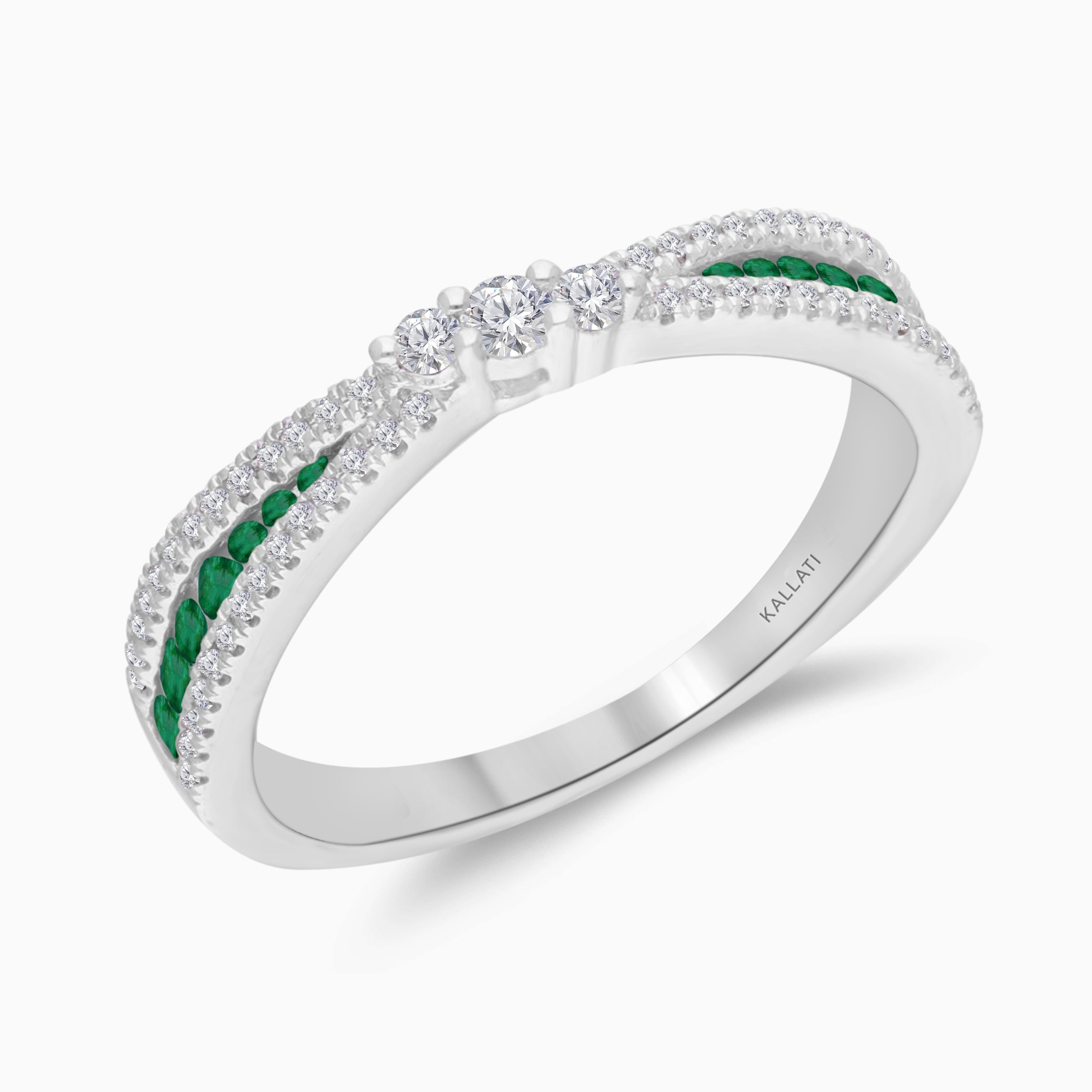 Criss Cross Diamond and Emerald Ring