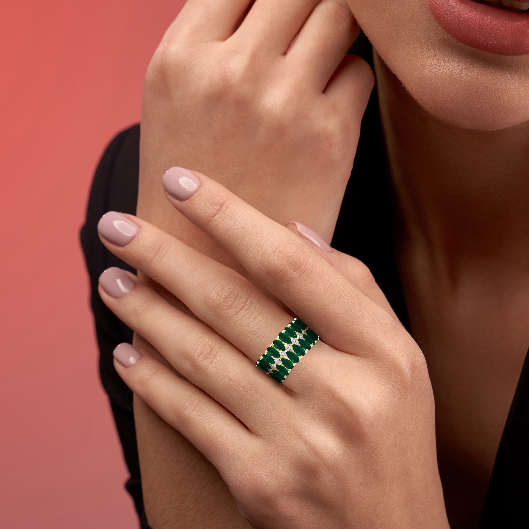 Multi Interlocked Emerald and Diamond Band