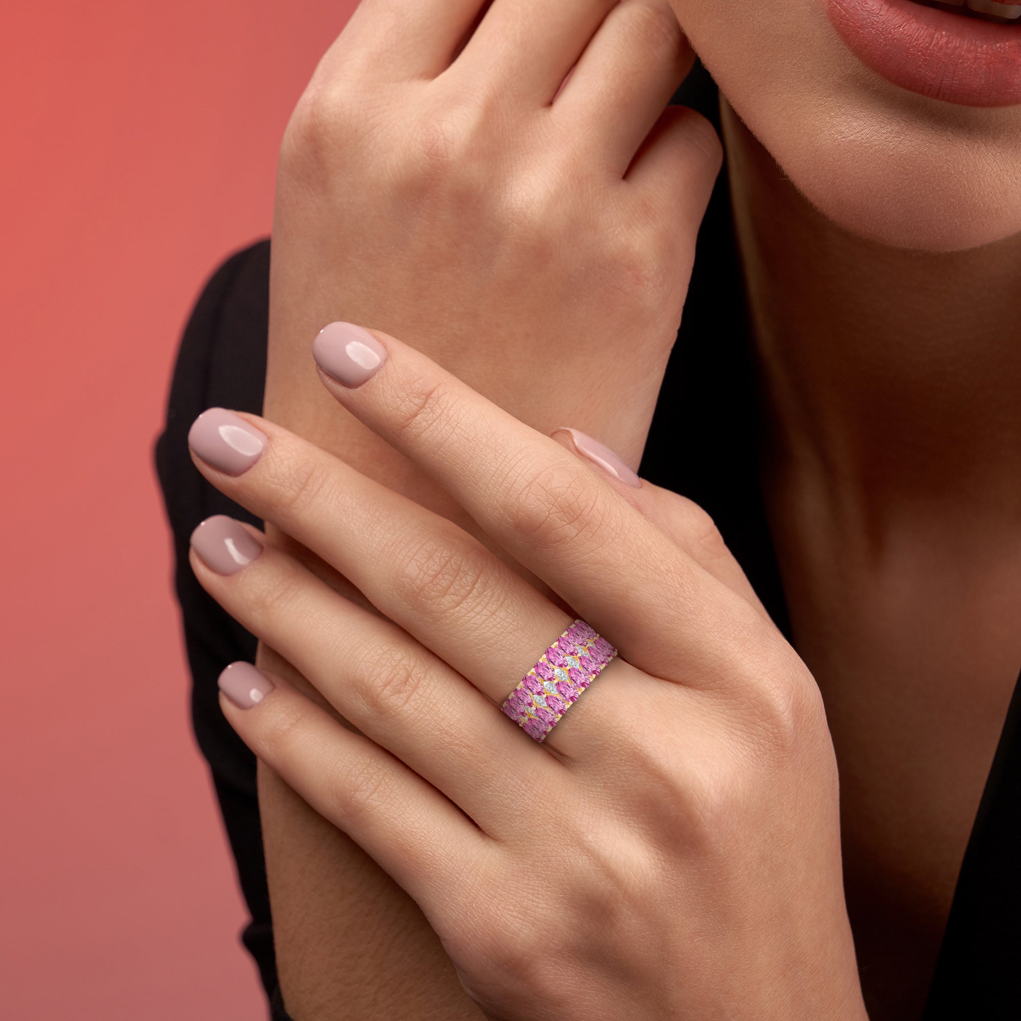 Inverse Teardrop Pink Sapphire and Diamond Band Pink Sapphire