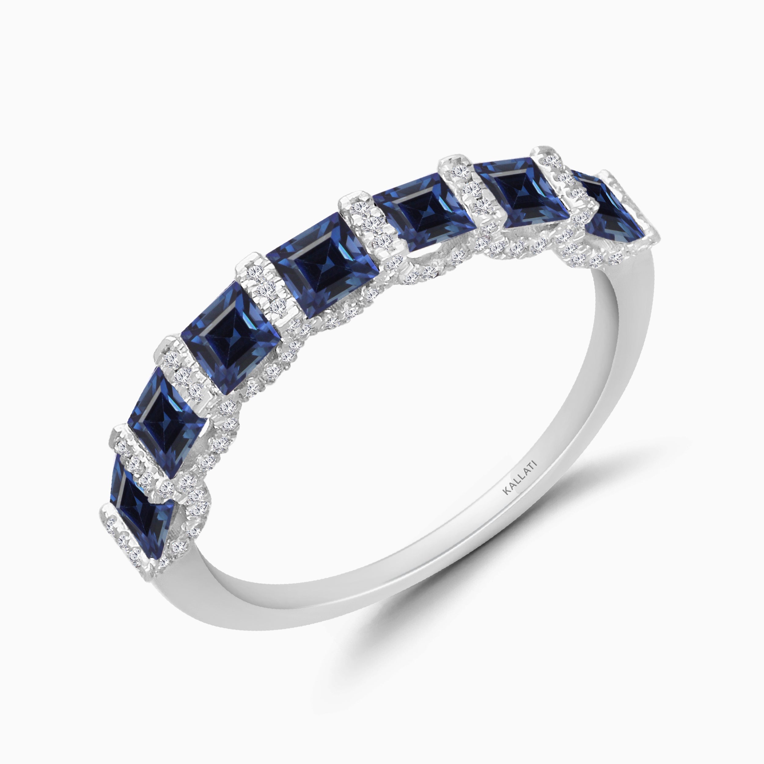 Princess Blue Sapphire and White Diamond Band