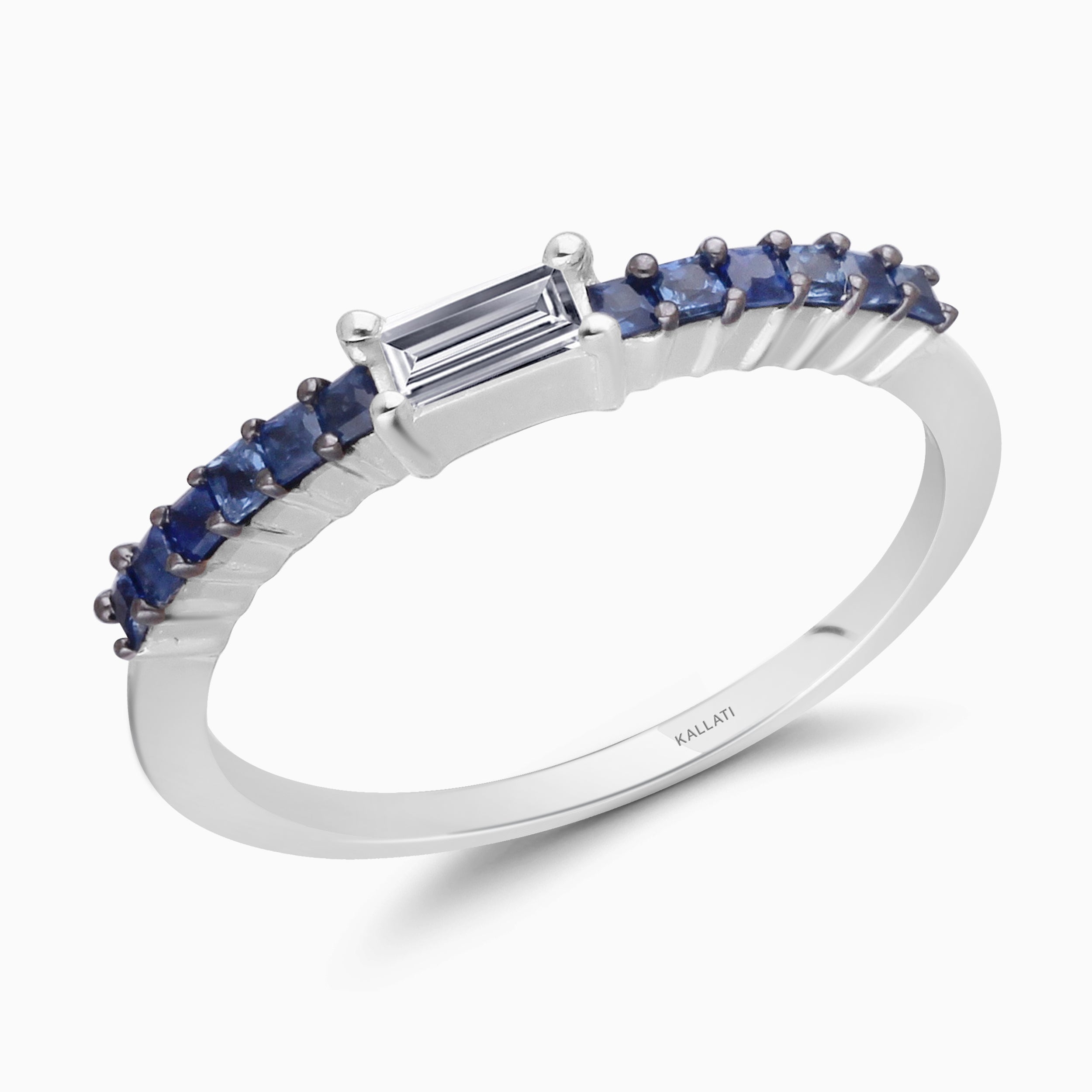 Solitaire White Diamond Baguette and Blue Sapphire Ring
