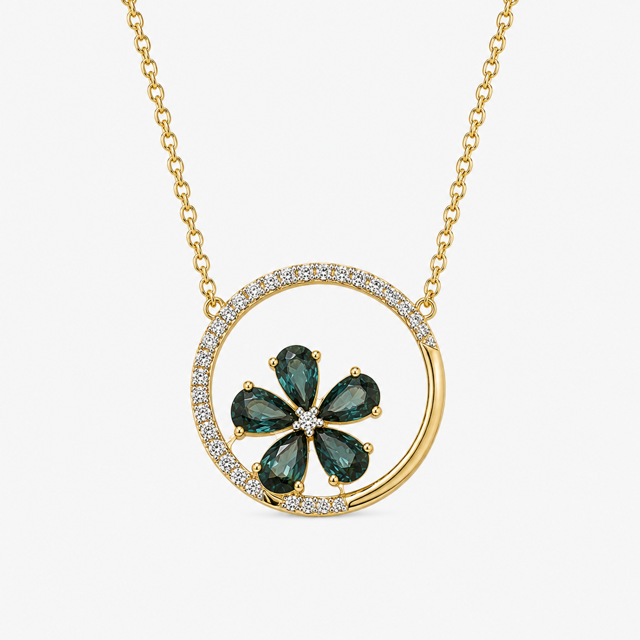 Teal Sapphire Flower & Diamond Necklace teal sapphire
