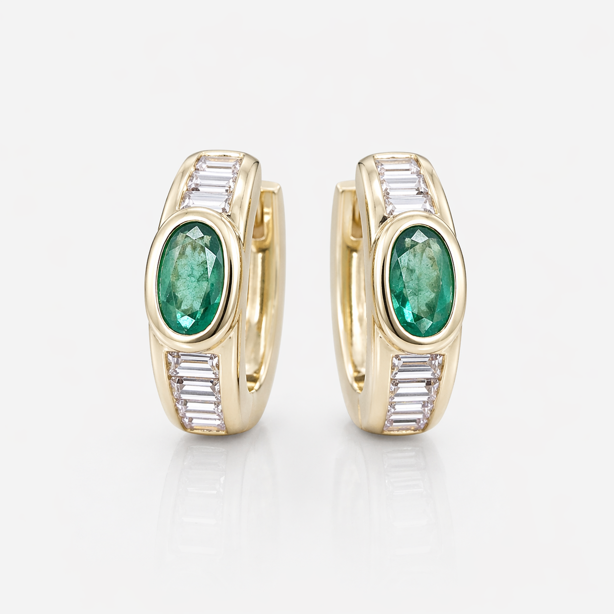 Oval Emerald and Baguette Diamond Huggies Emerald