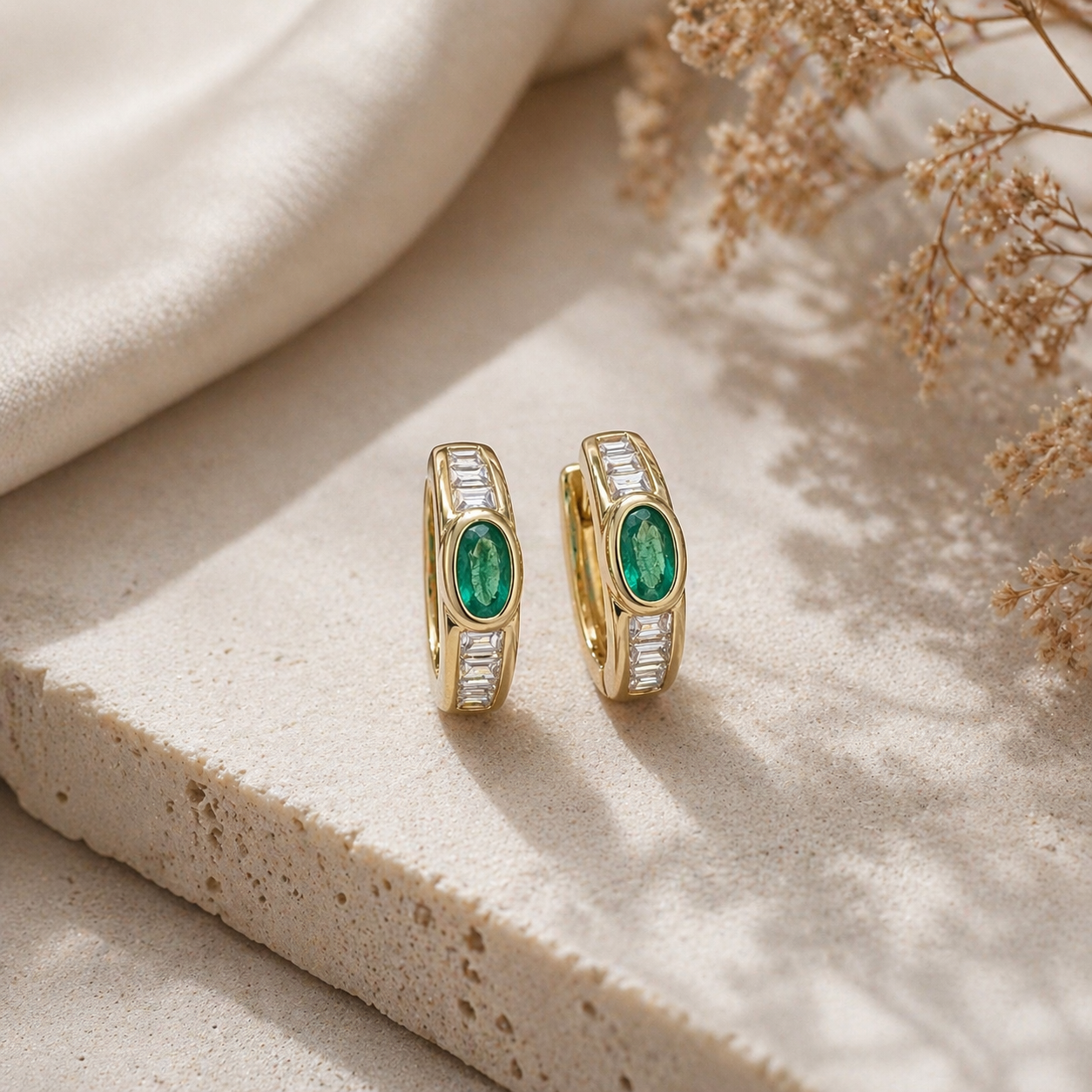 Oval Emerald and Baguette Diamond Huggies Emerald