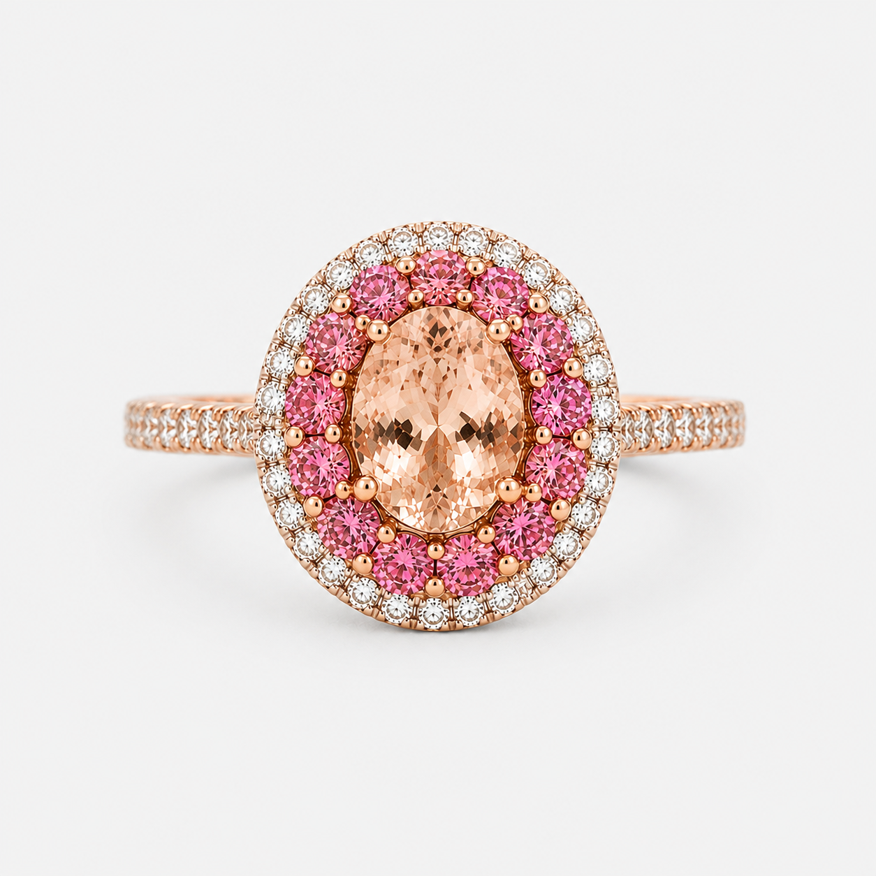Multi Halo Pink Sapphire & Diamond Morganite Ring Morganite