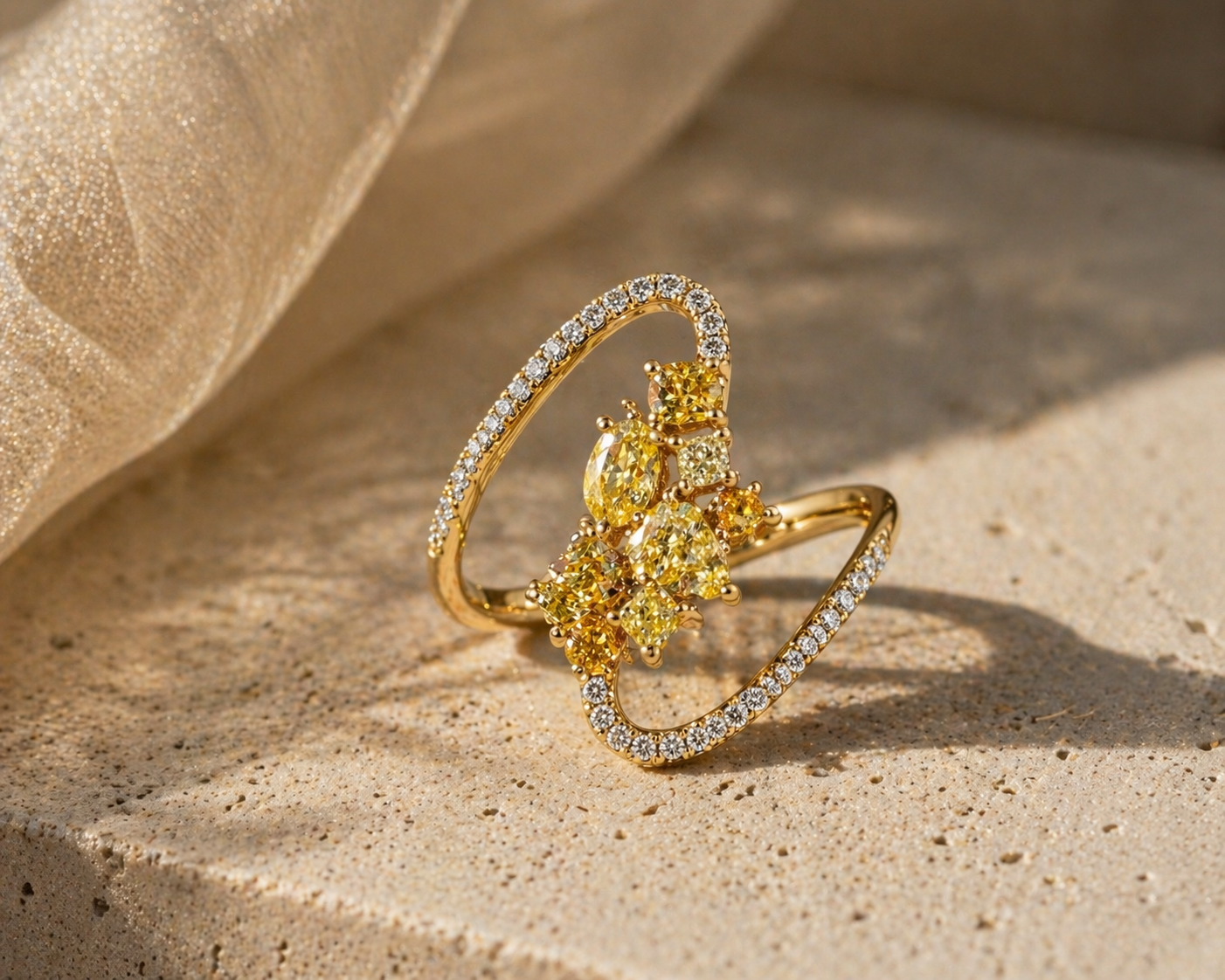 Cluster Yellow Diamond Wave Ring Yellow Diamond
