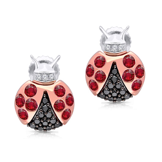 Two-Tone Gold Ruby & Black Diamond Ladybug Earrings