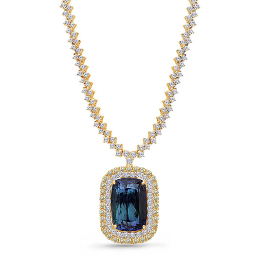 Yellow Gold Natural Tanzanite with White & Fancy Diamond Renaissance Necklace