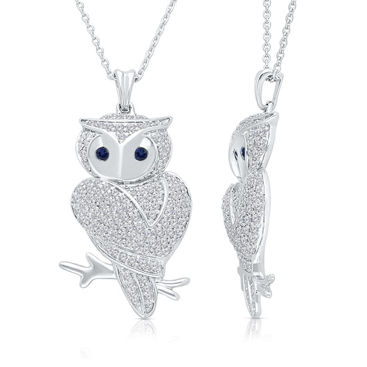 White Gold Sapphire & White Diamond Owl Pendant