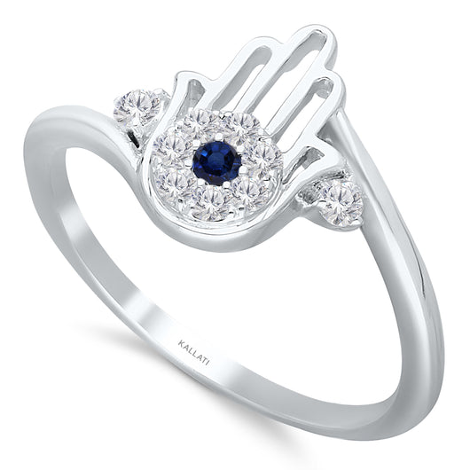 White Gold Sapphire & Diamond Hamsa Ring