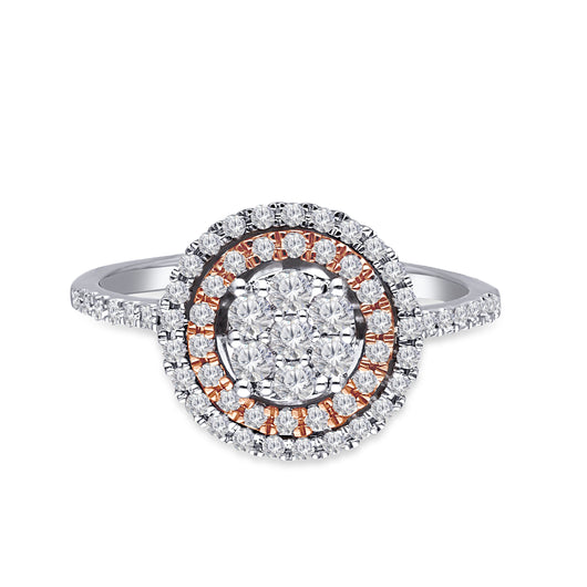 Kallati Eternal Double Halo Diamond Cluster Engagement Ring in 14K Two Tone White and Rose Gold