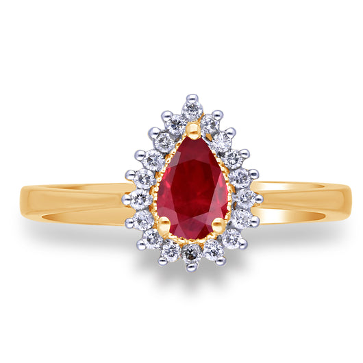 Kallati Heirloom Pear Halo Ruby & Diamond Engagement Ring in 14K Yellow Gold