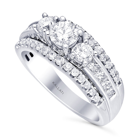 Kallati Legendary Round Three Stone Diamond Engagement Ring in 14K White Gold