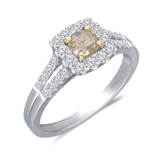 Kallati Eternal Cushion Halo Split Shank Yellow Diamond Engagement Ring in 14K White Gold