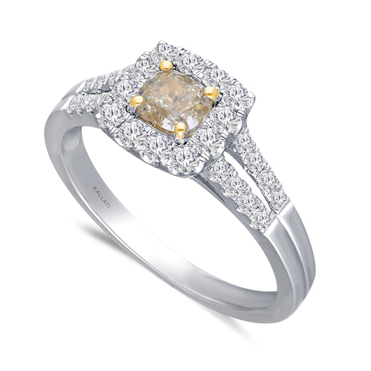 Kallati Eternal Cushion Halo Split Shank Yellow Diamond Engagement Ring in 14K White Gold