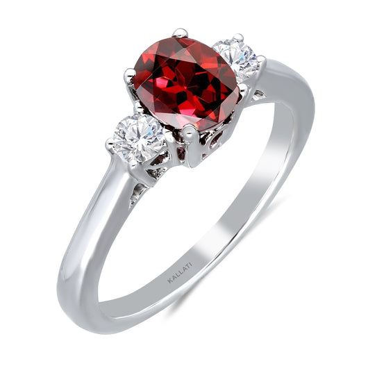 Kallati Heirloom Oval Three Stone Ruby & Diamond Engagement Ring in 14K White Gold