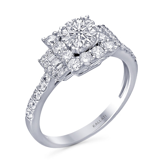 Kallati Eternal Three Stone Cushion Halo Diamond Engagement Ring in 14K White Gold