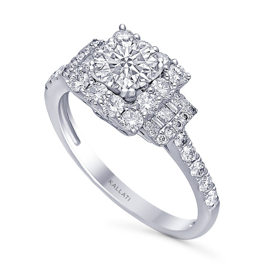 Kallati Eternal Three Stone Cushion Halo Diamond Engagement Ring in 14K White Gold