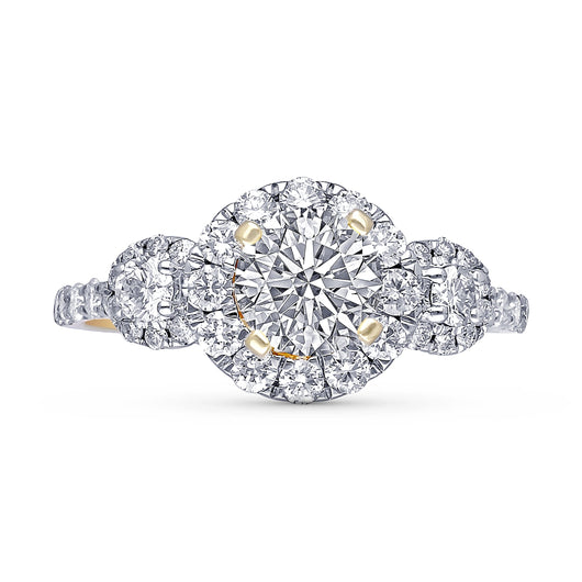 Kallati Eternal  Three Stone Round Halo Diamond Engagement Ring in 14K Yellow Gold
