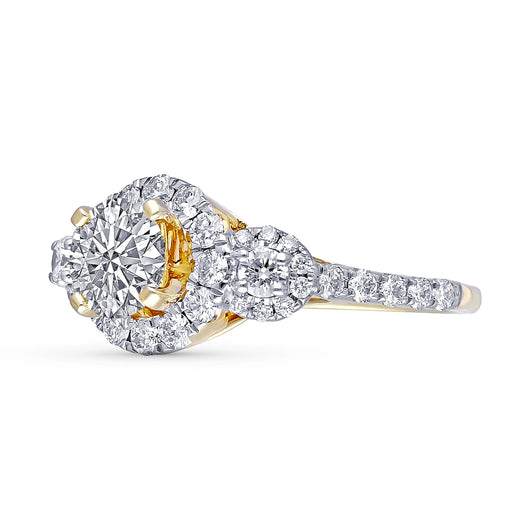 Kallati Eternal  Three Stone Round Halo Diamond Engagement Ring in 14K Yellow Gold