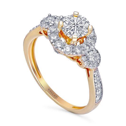 Kallati Eternal Three Stone Round Halo Diamond Engagement Ring in 14K Yellow Gold